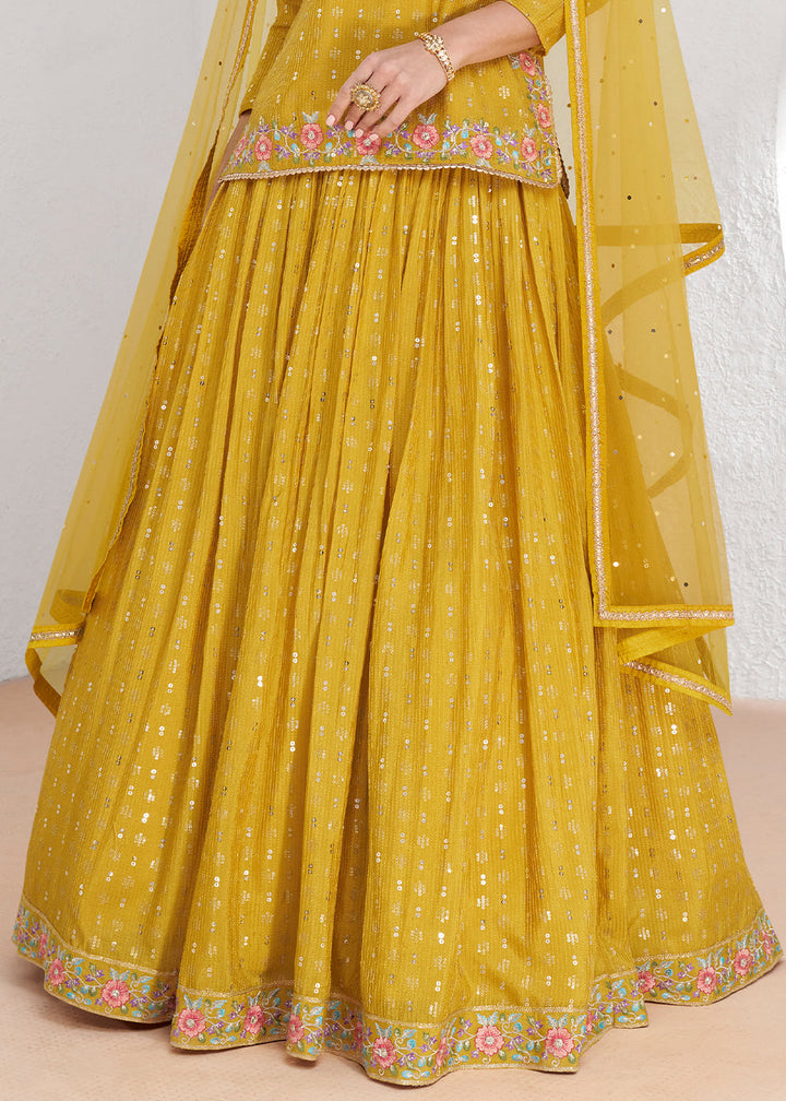 Canary Yellow Embroidered Georgette Top & Skirt Set with Dupatta