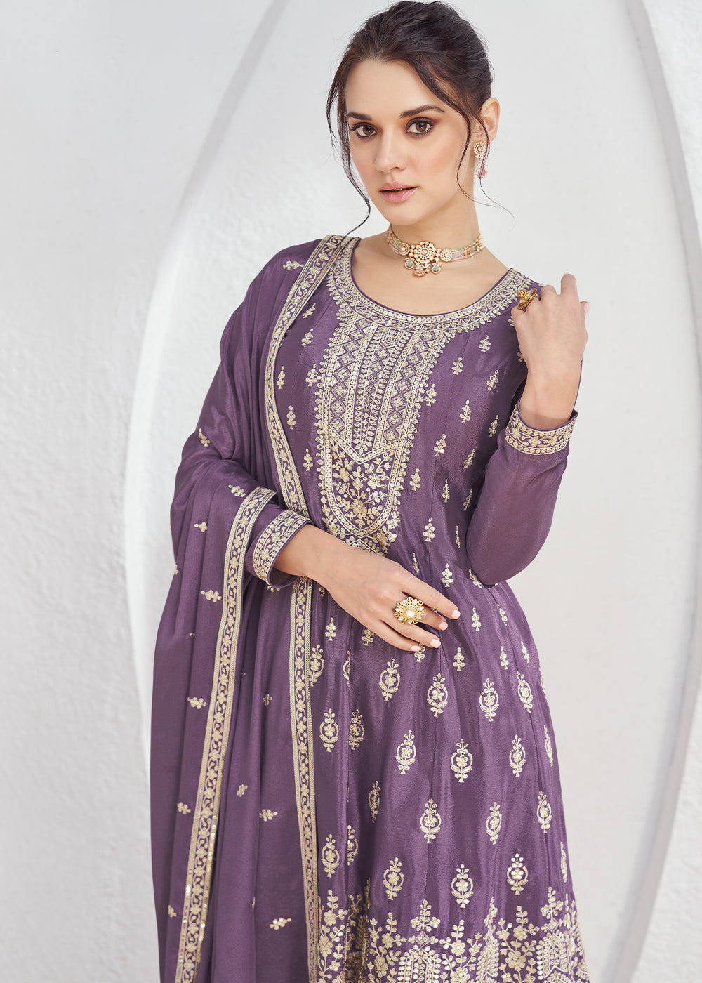 Royal Purple Chinon Silk Embroidered Plazzo Suit