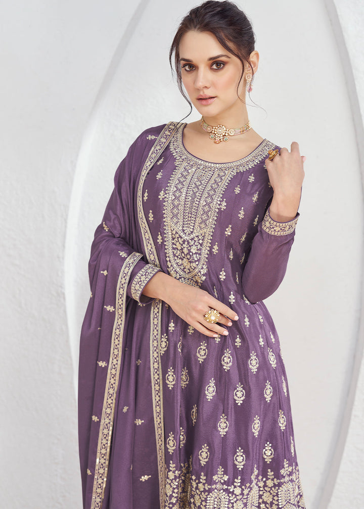 Royal Purple Chinon Silk Embroidered Plazzo Suit