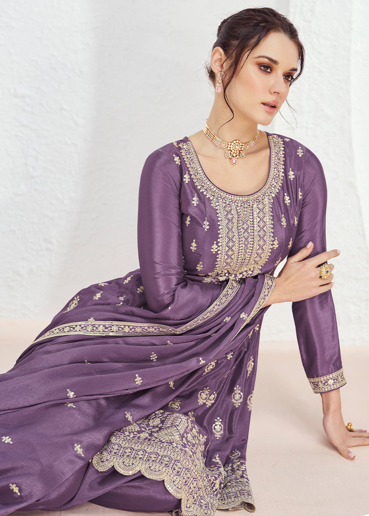 Royal Purple Chinon Silk Embroidered Plazzo Suit