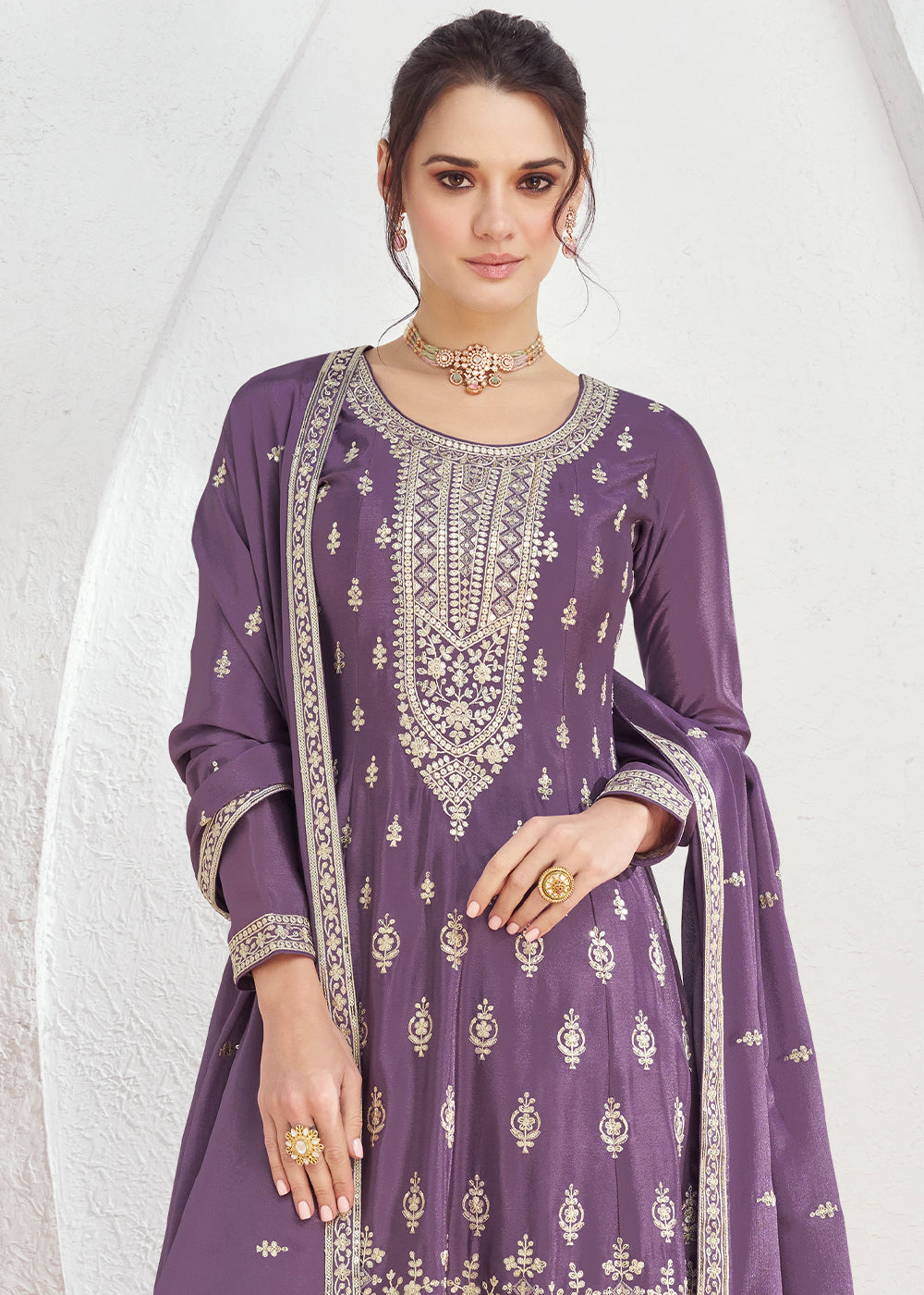 Royal Purple Chinon Silk Embroidered Plazzo Suit