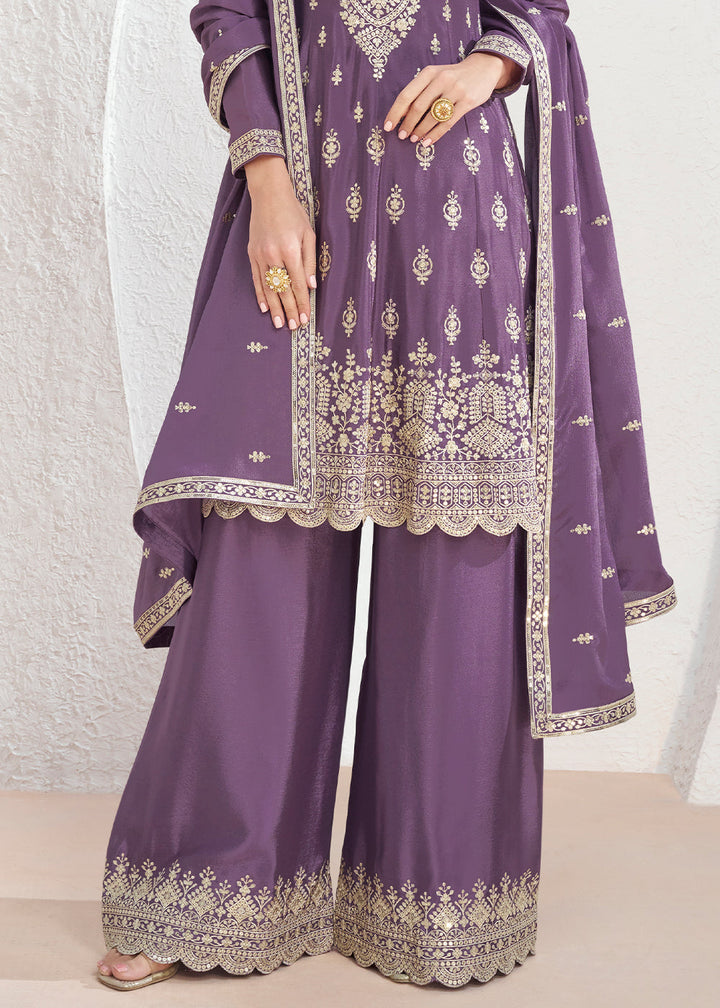 Royal Purple Chinon Silk Embroidered Plazzo Suit