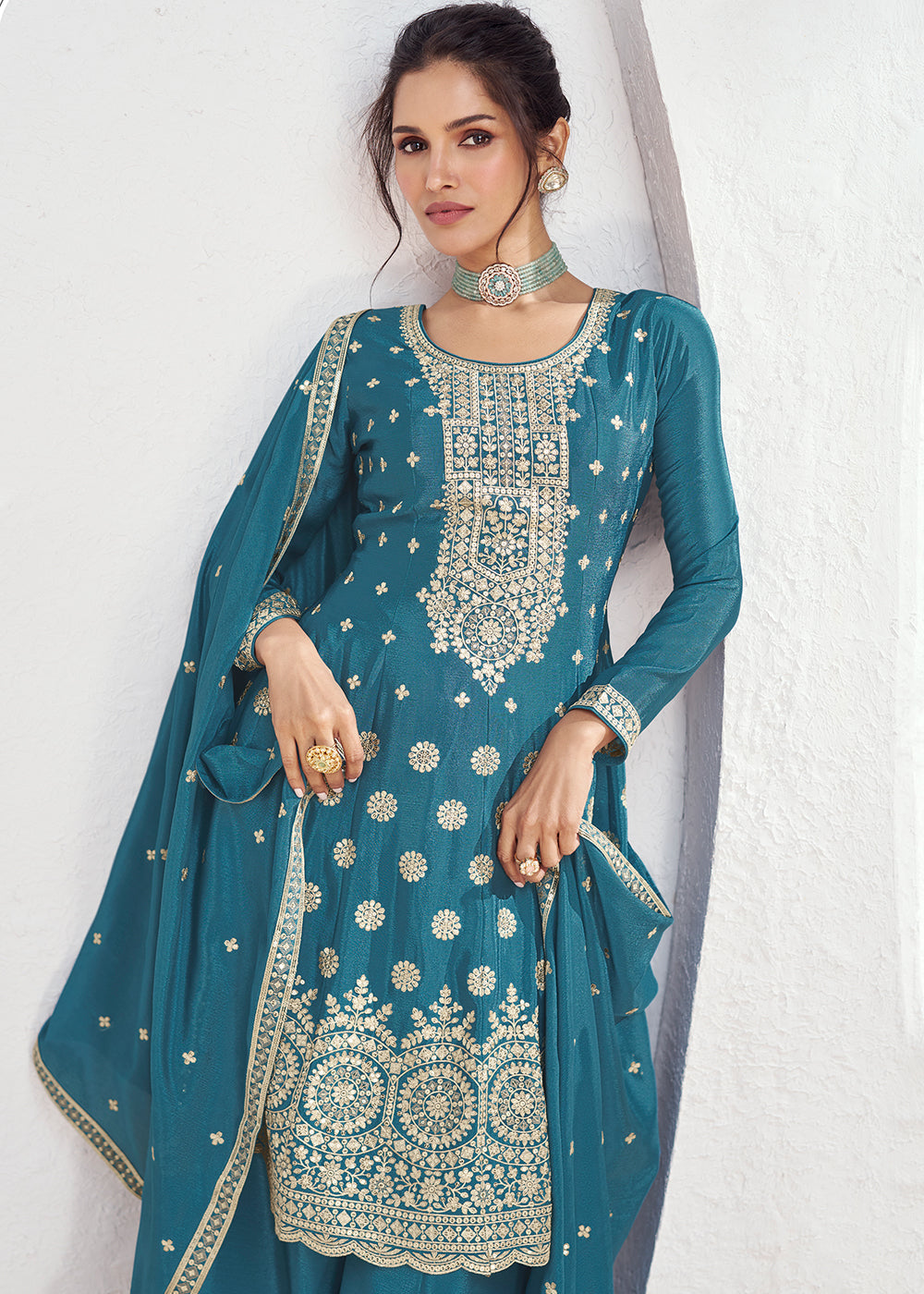 Baltic Blue Chinon Silk Embroidered Plazzo Suit