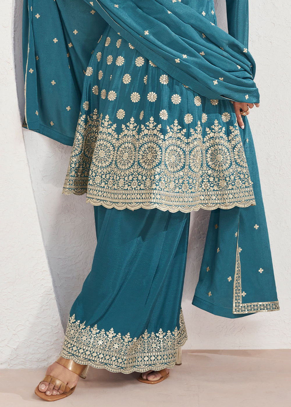 Baltic Blue Chinon Silk Embroidered Plazzo Suit