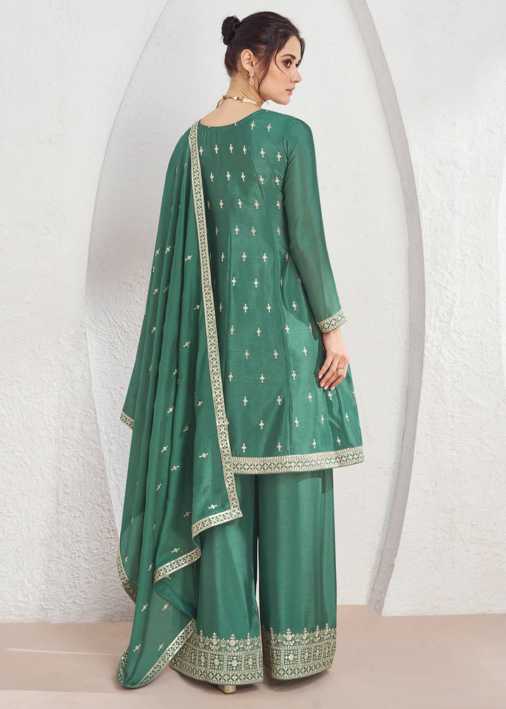 Munsell Green Chinon Silk Embroidered Plazzo Suit