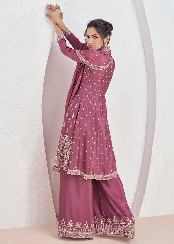 Cardinal Purple Chinon Silk Embroidered Plazzo Suit