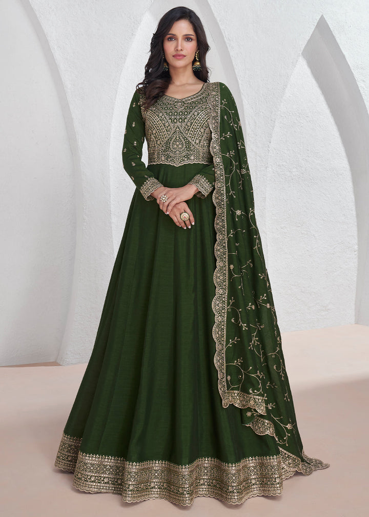 Mehendi Green Silk Anarkali Suit with Embroidery work