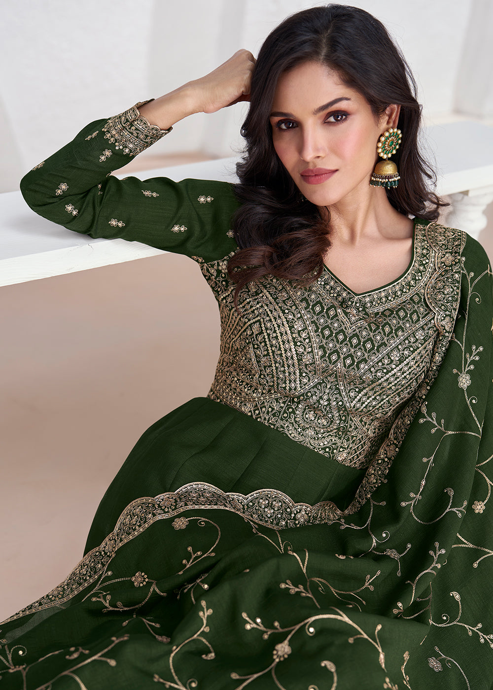 Mehendi Green Silk Anarkali Suit with Embroidery work