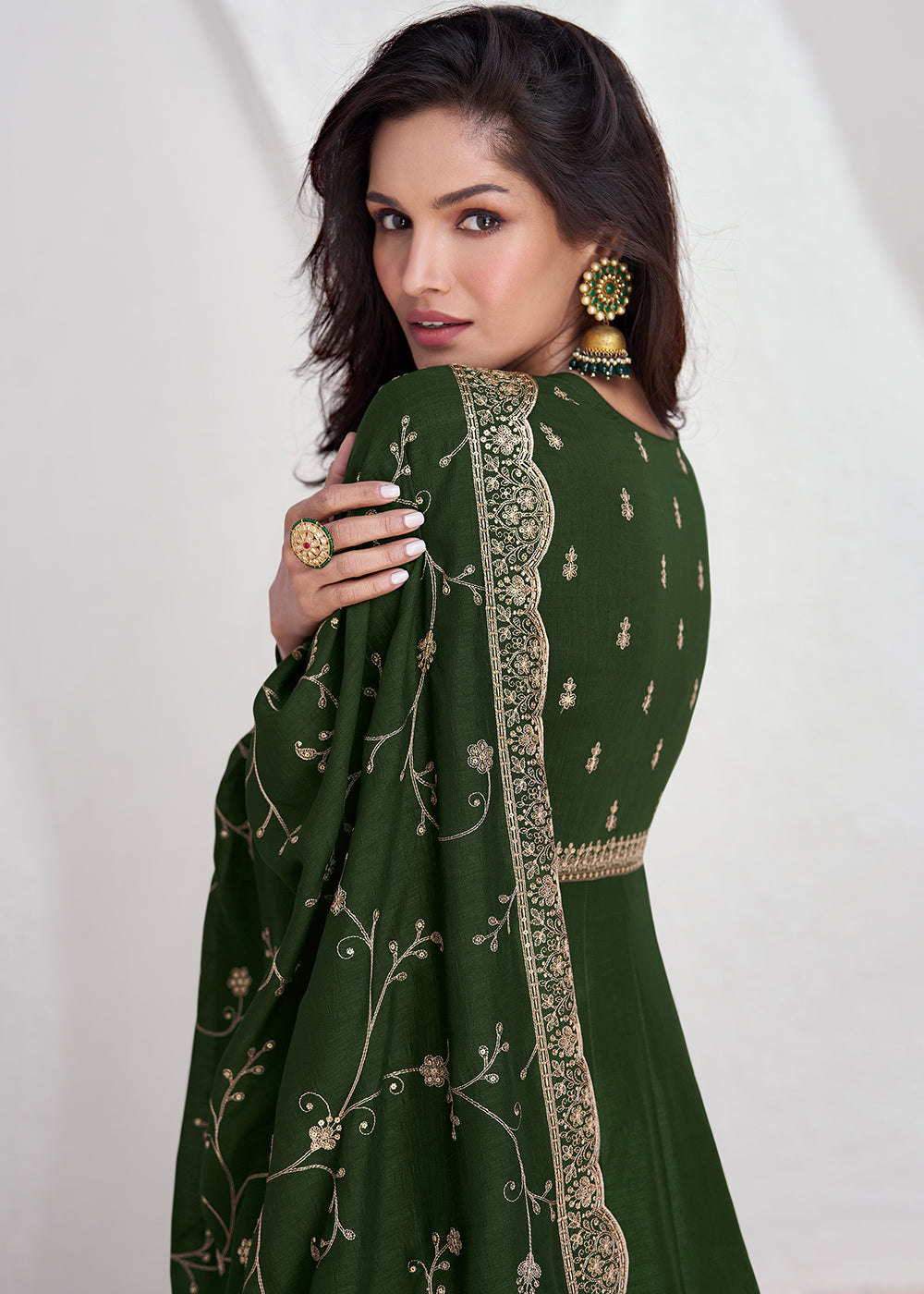 Mehendi Green Silk Anarkali Suit with Embroidery work