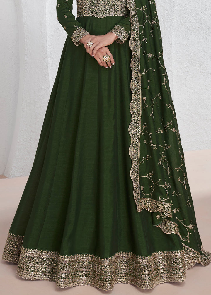 Mehendi Green Silk Anarkali Suit with Embroidery work