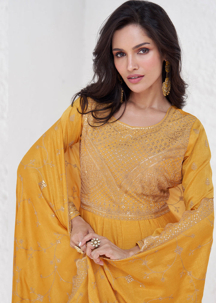 Canary Yellow Silk Anarkali Suit with Embroidery work