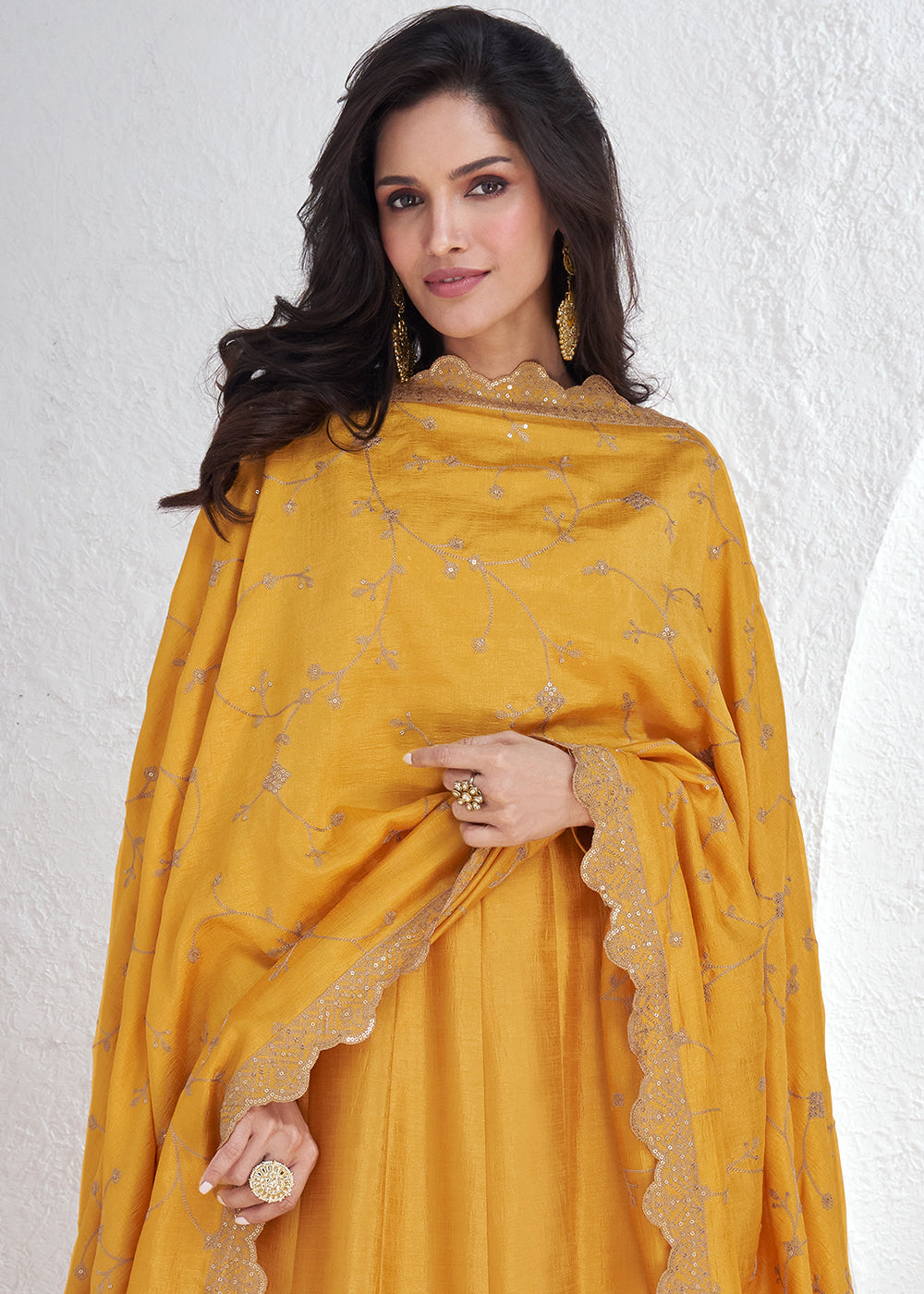 Canary Yellow Silk Anarkali Suit with Embroidery work