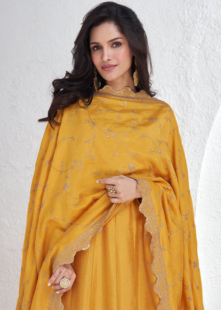 Canary Yellow Silk Anarkali Suit with Embroidery work