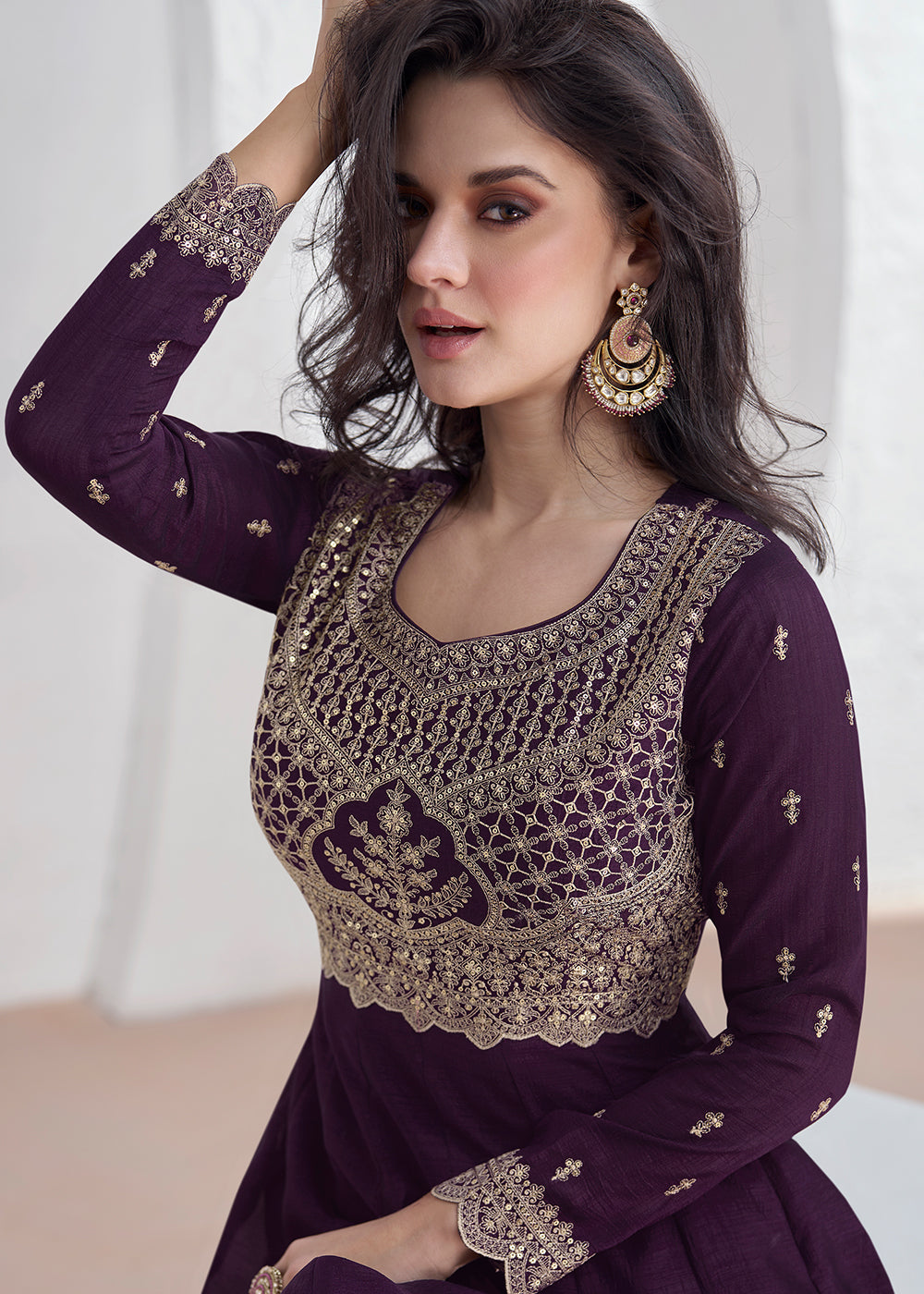 Eggplant Purple Silk Anarkali Suit with Embroidery work