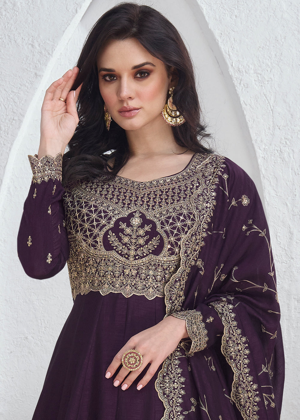 Eggplant Purple Silk Anarkali Suit with Embroidery work