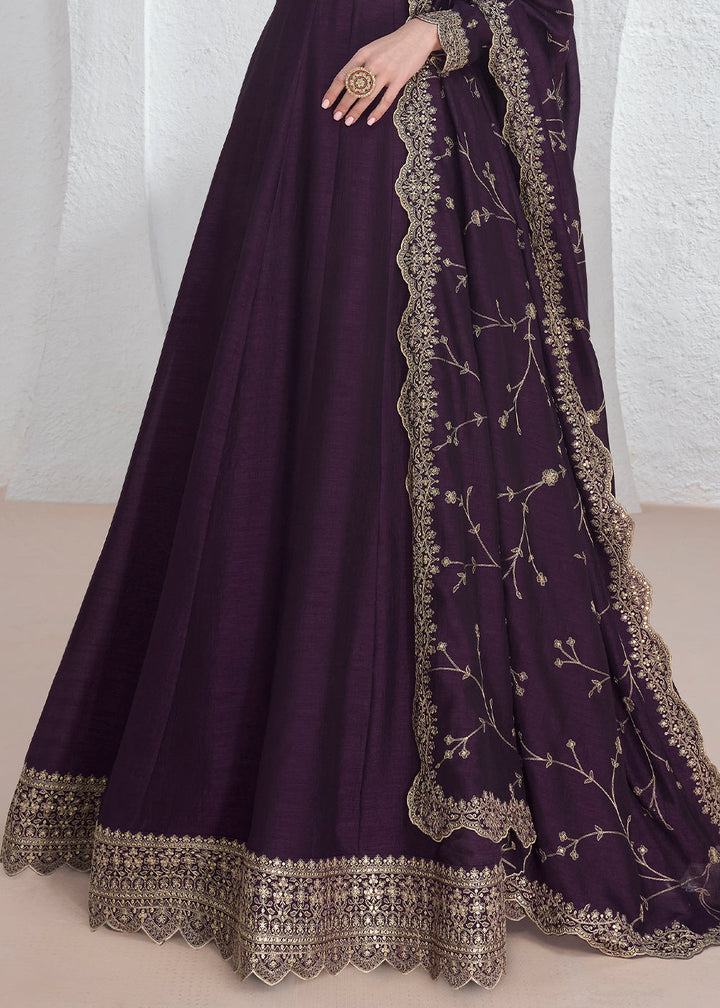 Eggplant Purple Silk Anarkali Suit with Embroidery work