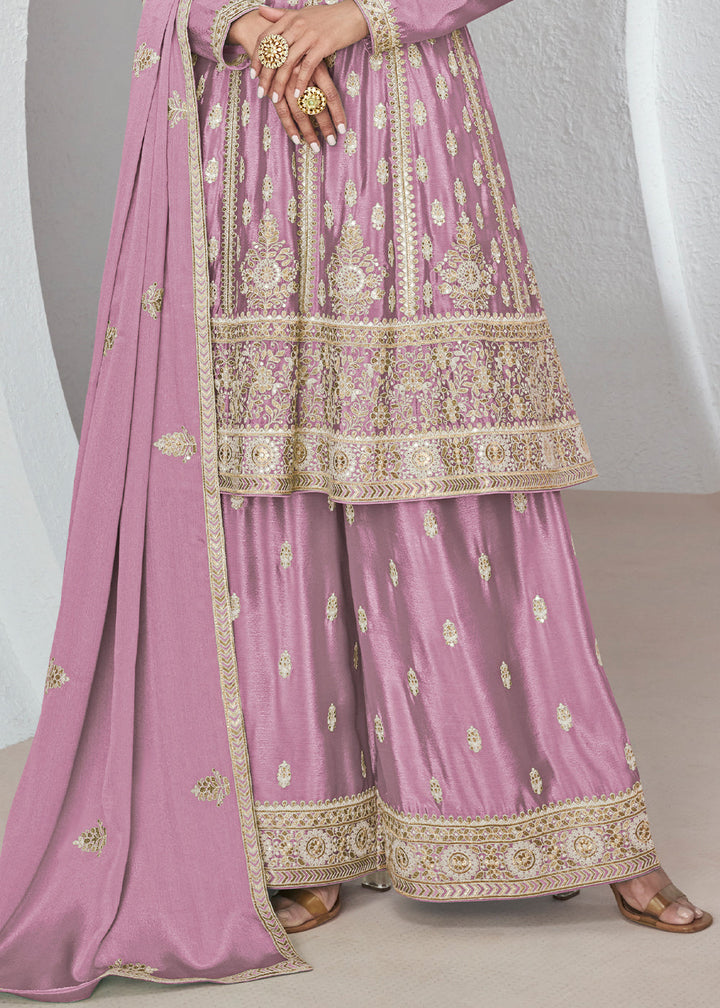 Helio Purple Chinon Silk Plazzo Suit with Beautiful Embroidery work