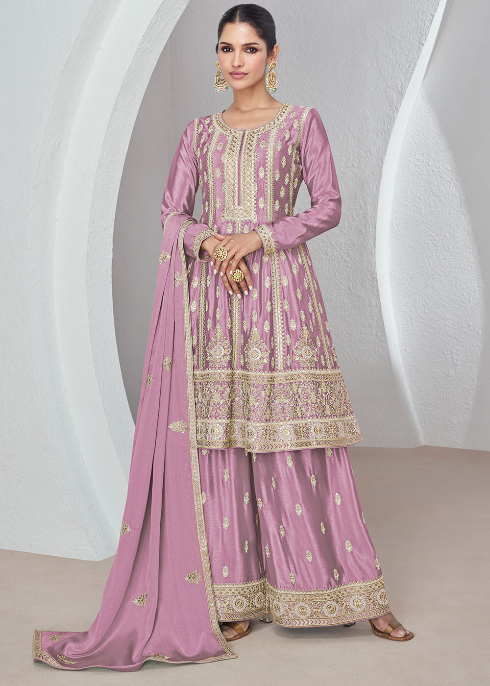 Helio Purple Chinon Silk Plazzo Suit with Beautiful Embroidery work