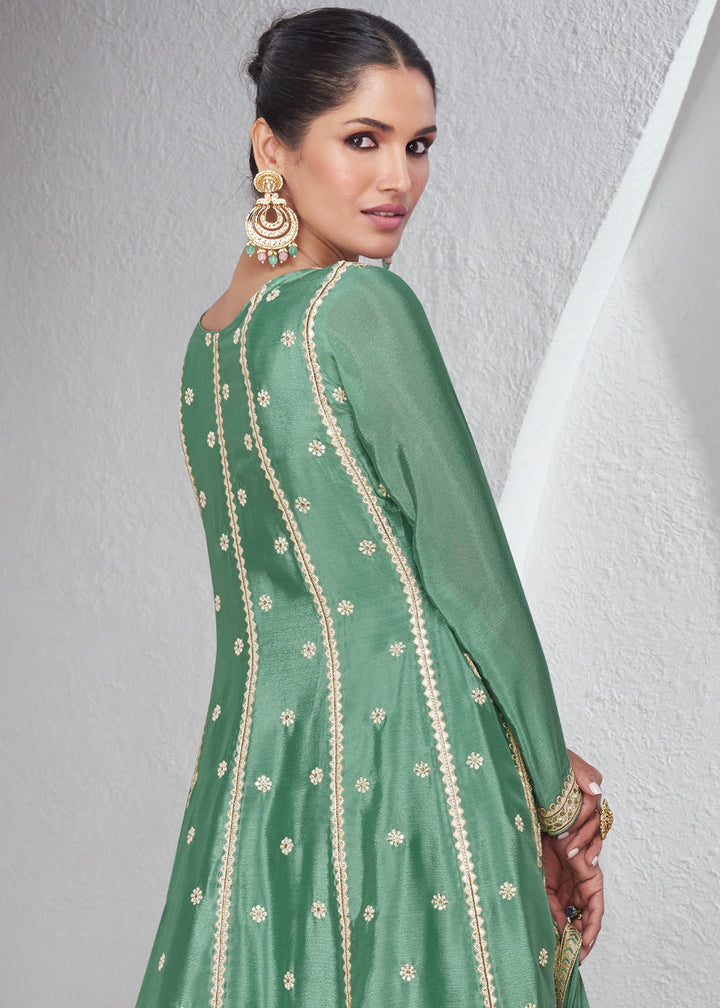 Aquamarine Green Chinon Silk Plazzo Suit with Beautiful Embroidery work