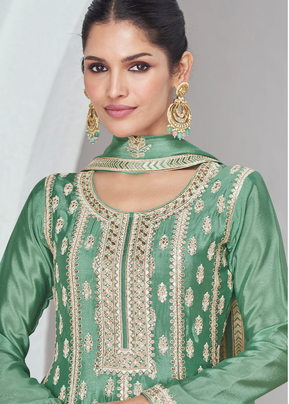 Aquamarine Green Chinon Silk Plazzo Suit with Beautiful Embroidery work