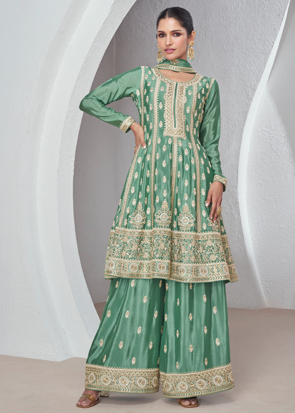 Aquamarine Green Chinon Silk Plazzo Suit with Beautiful Embroidery work