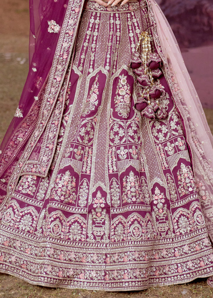 Purple Pure silk Moti, Sequins embroidery Bridal Lehenga