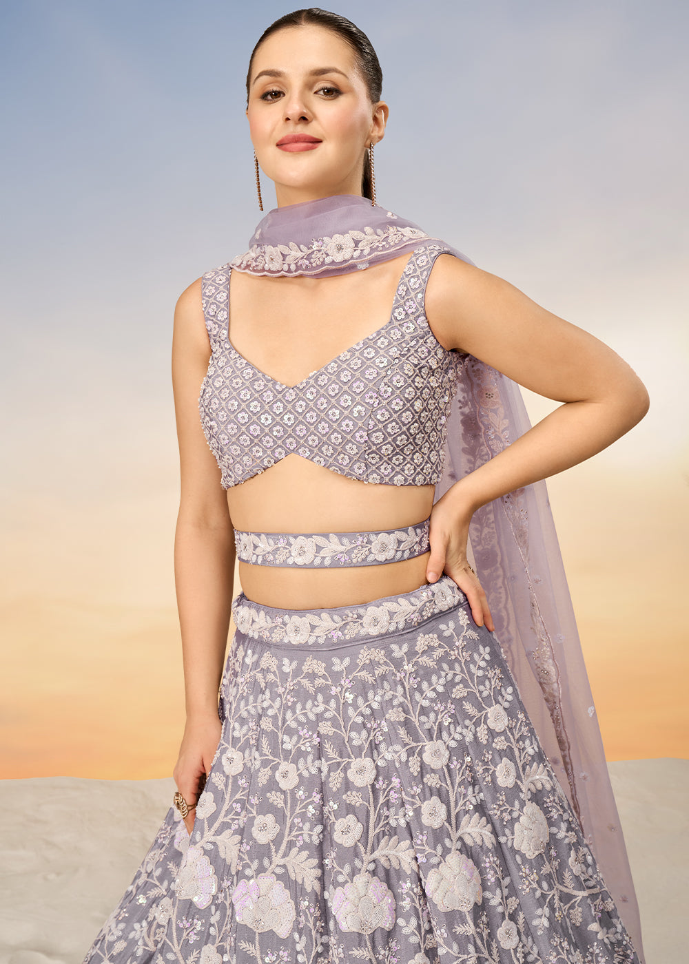 Floral Mauve Purple Georgette Lehenga Choli with Sequins & Zarkan Embroidery work