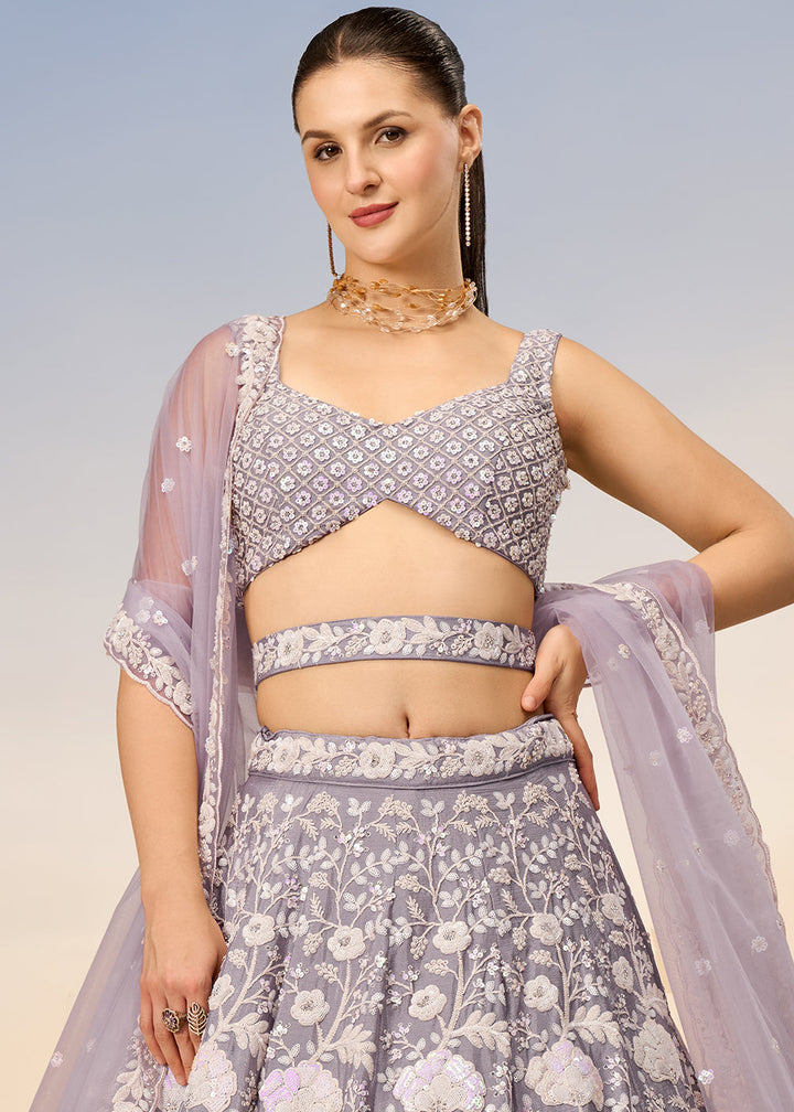 Floral Mauve Purple Georgette Lehenga Choli with Sequins & Zarkan Embroidery work