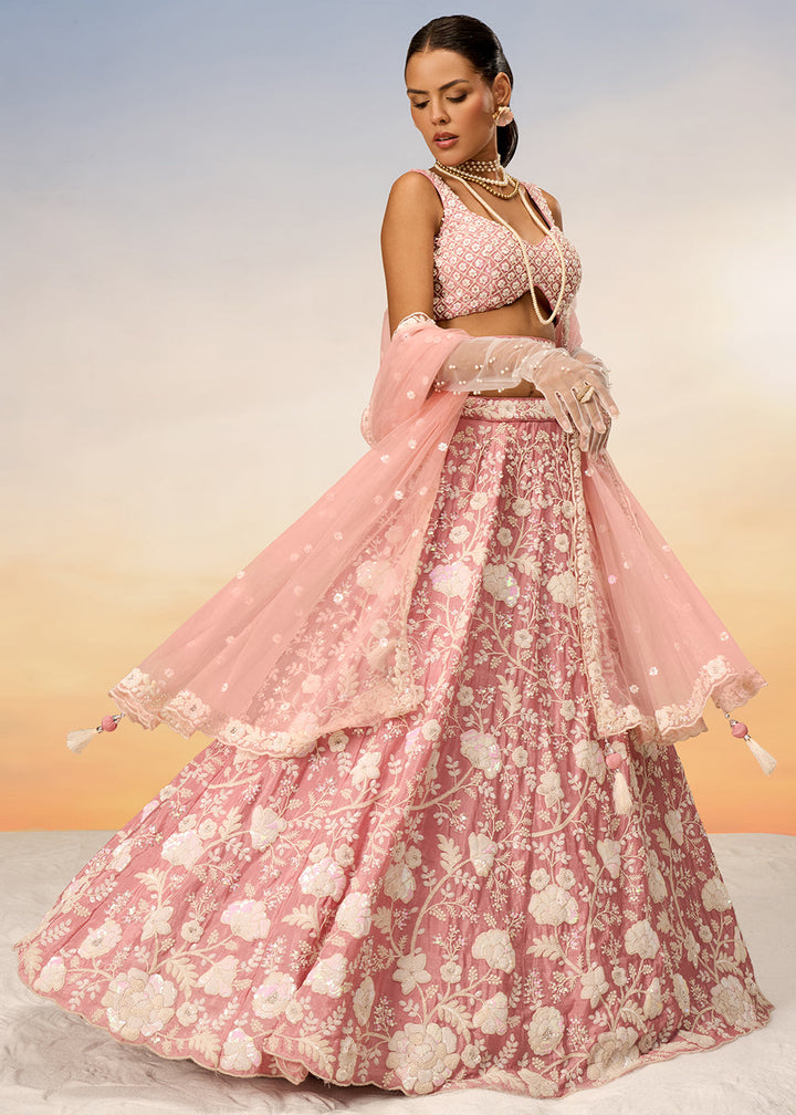 Flamingo Pink Georgette Lehenga Choli with Sequins & Zarkan Embroidery work