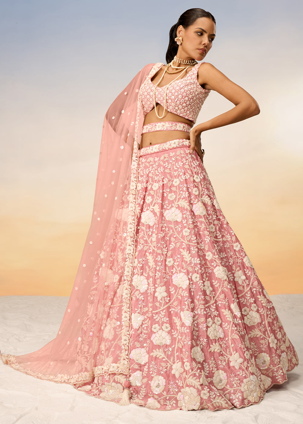 Flamingo Pink Georgette Lehenga Choli with Sequins & Zarkan Embroidery work