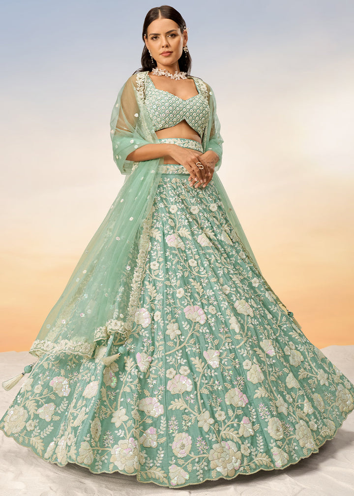 Sea Green Georgette Lehenga Choli with Sequins & Zarkan Embroidery work