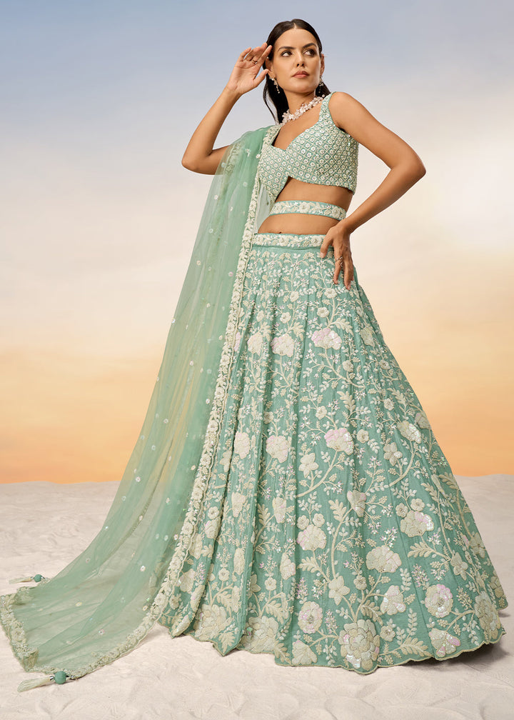 Sea Green Georgette Lehenga Choli with Sequins & Zarkan Embroidery work