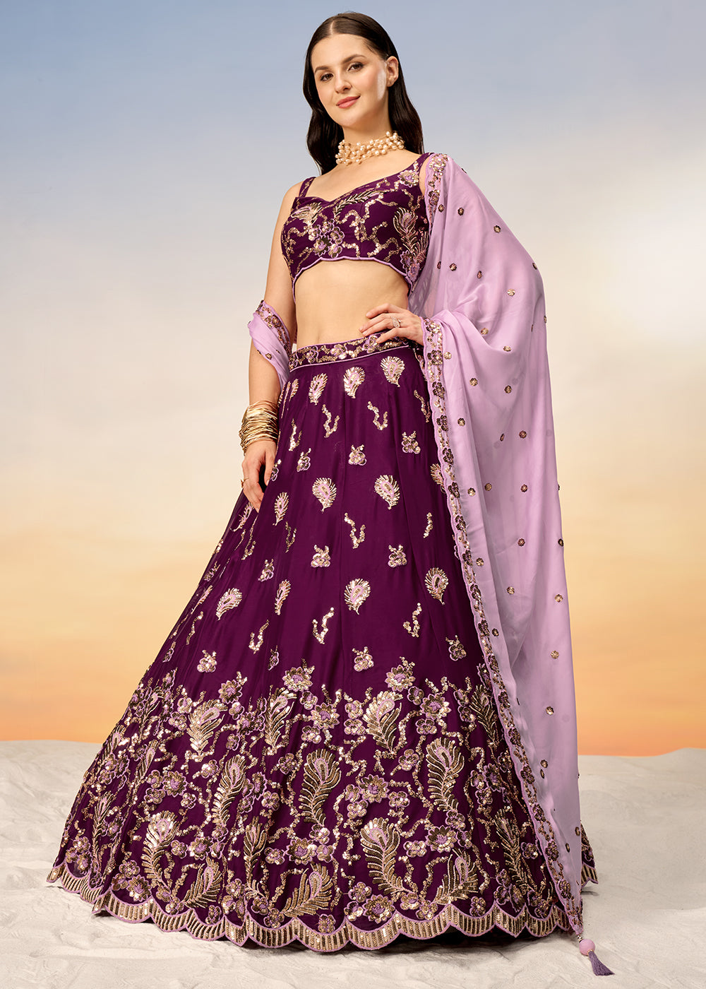 Sangria Purple Georgette Lehenga Choli with Heavy Sequins Embroidery work