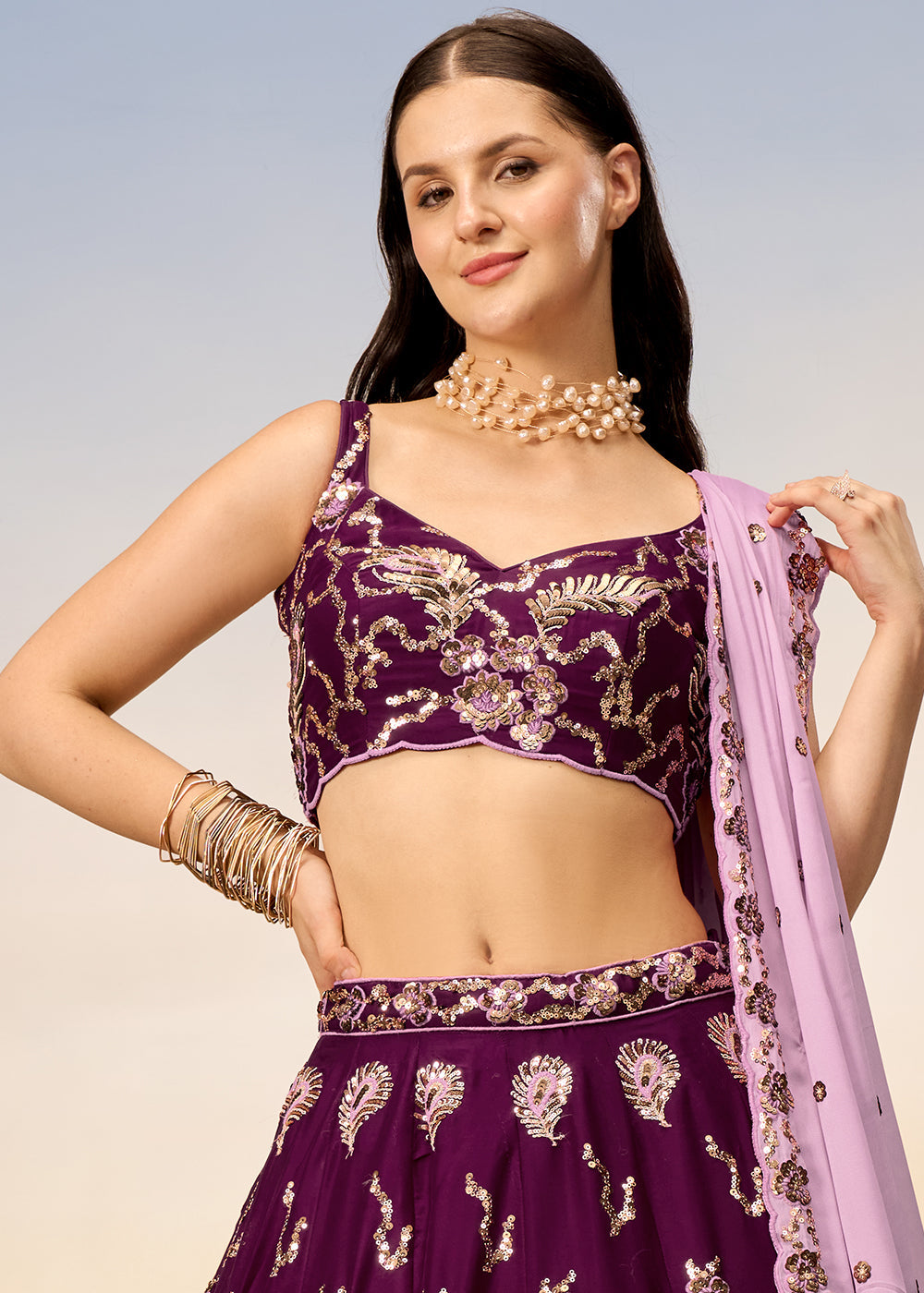 Sangria Purple Georgette Lehenga Choli with Heavy Sequins Embroidery work