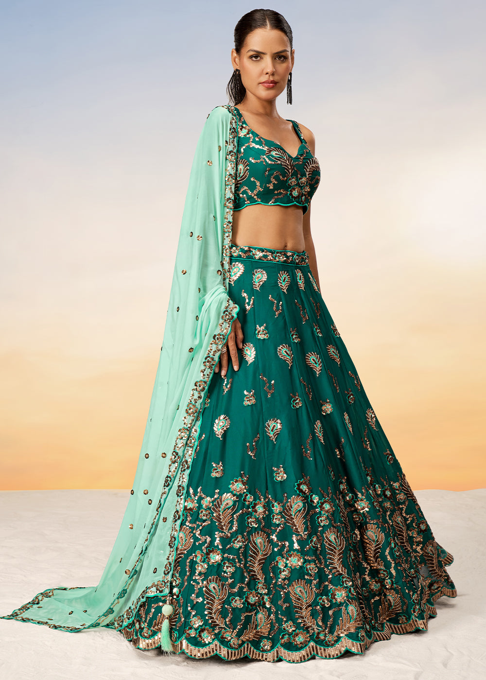 Cactus Green Georgette Lehenga Choli with Heavy Sequins Embroidery work