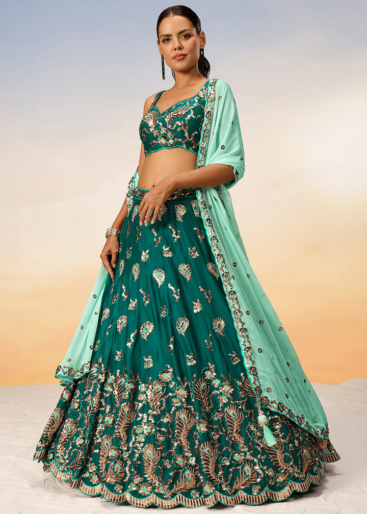 Cactus Green Georgette Lehenga Choli with Heavy Sequins Embroidery work