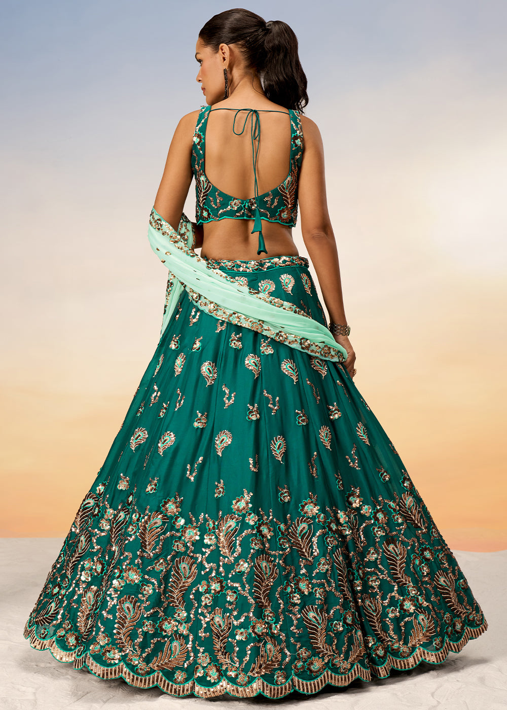 Cactus Green Georgette Lehenga Choli with Heavy Sequins Embroidery work