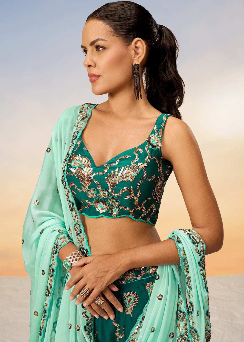 Cactus Green Georgette Lehenga Choli with Heavy Sequins Embroidery work