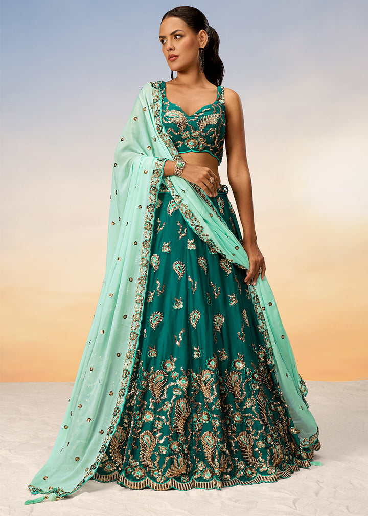 Cactus Green Georgette Lehenga Choli with Heavy Sequins Embroidery work