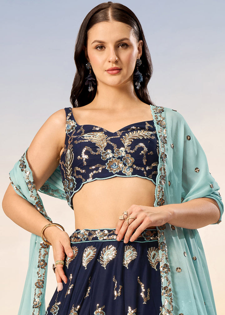 Navy Blue Georgette Lehenga Choli with Heavy Sequins Embroidery work