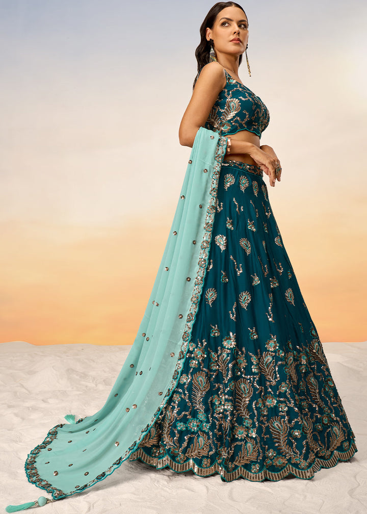 Teal Green Georgette Lehenga Choli with Heavy Sequins Embroidery work