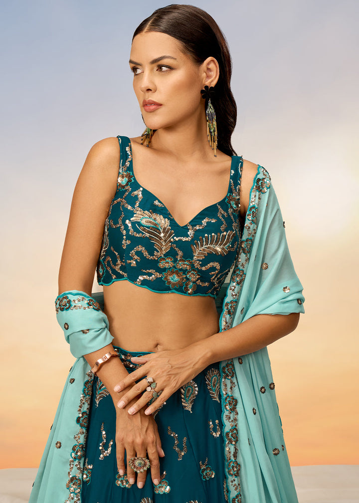 Teal Green Georgette Lehenga Choli with Heavy Sequins Embroidery work