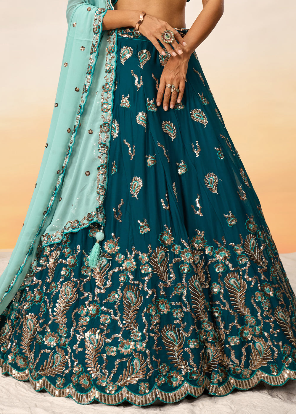 Teal Green Georgette Lehenga Choli with Heavy Sequins Embroidery work