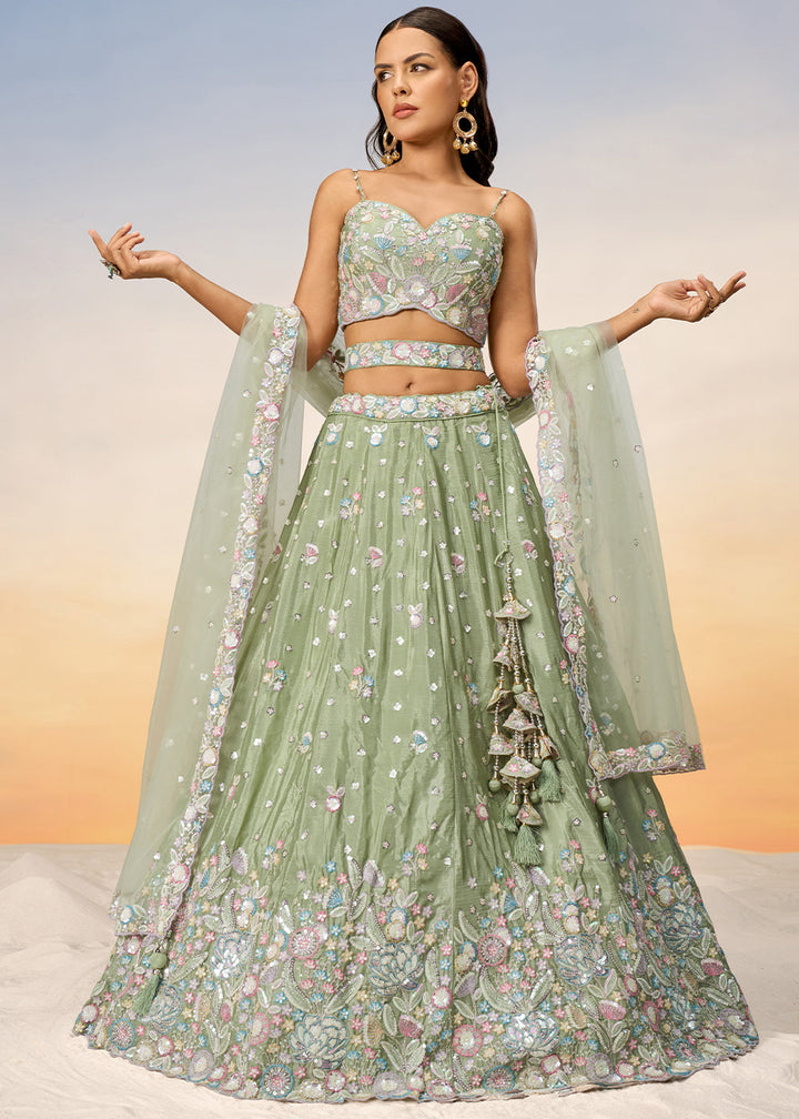 Pastel Green Chiffon Lehenga Choli with Sequins & Thread Embroidery work