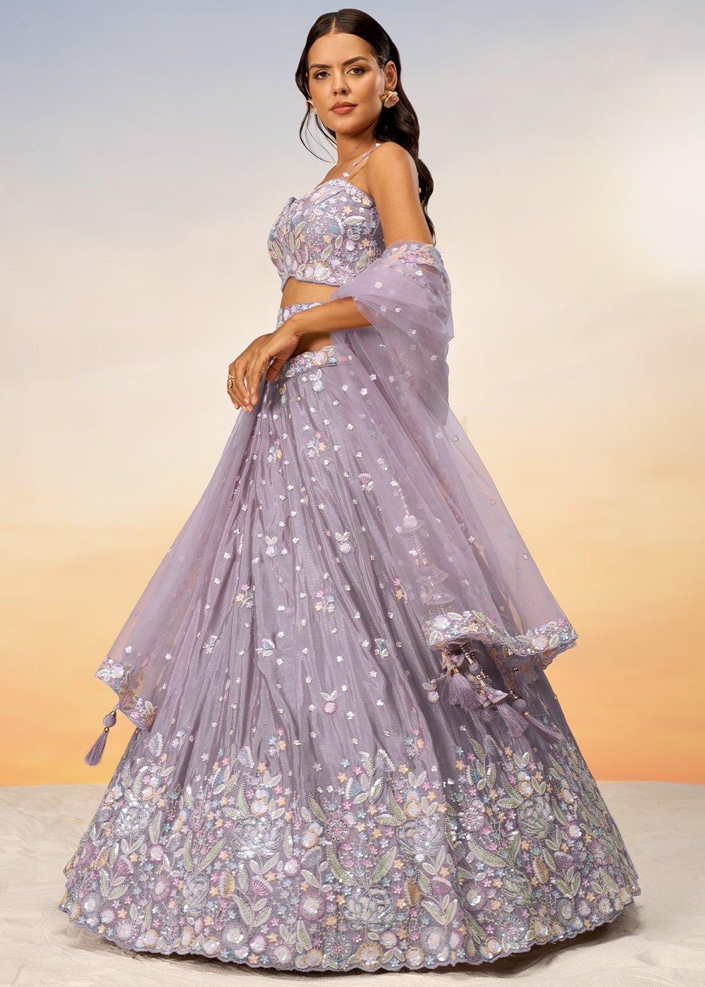 Mauve Purple Chiffon Lehenga Choli with Sequins & Thread Embroidery work