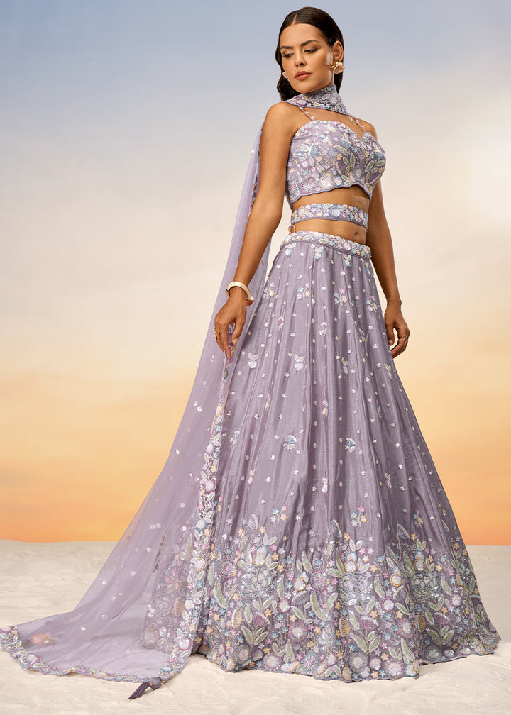 Mauve Purple Chiffon Lehenga Choli with Sequins & Thread Embroidery work