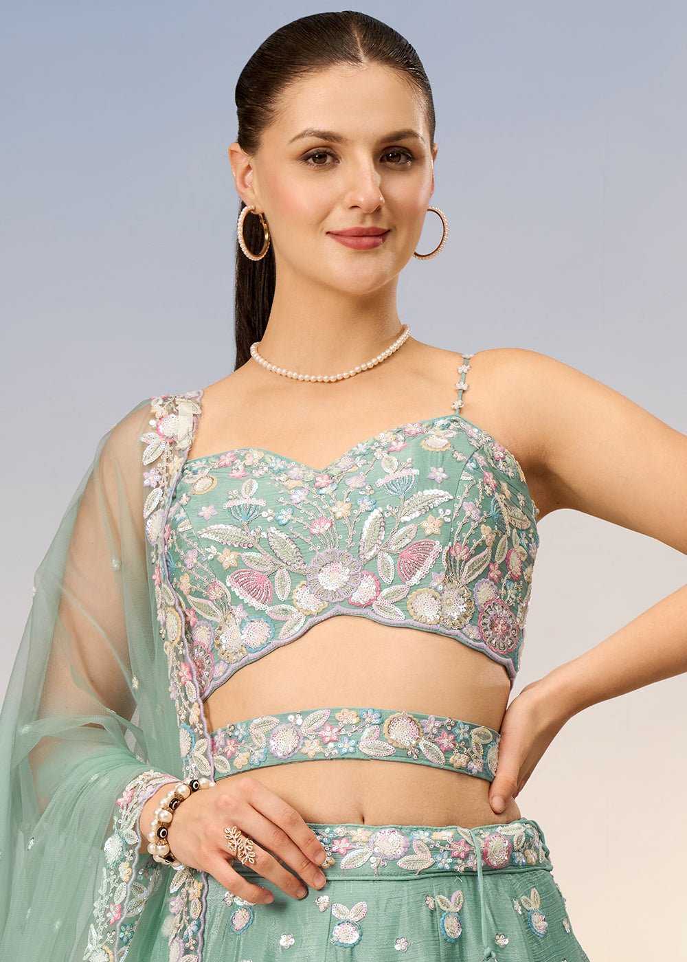 Light Sea Green Chiffon Lehenga Choli with Sequins & Thread Embroidery work