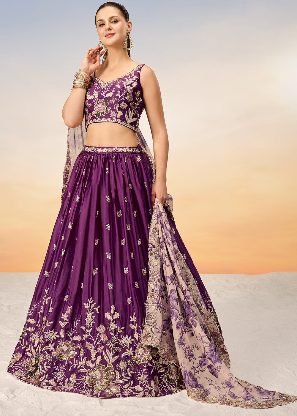 Tyrian Purple Chiffon Lehenga Choli with Sequins work