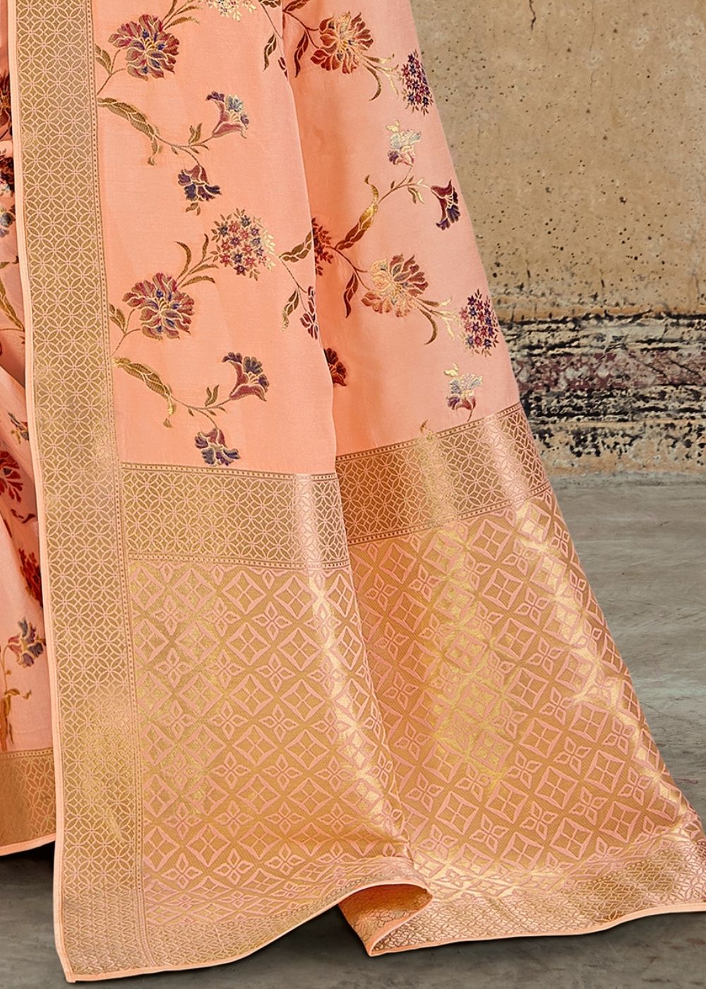 Peach Blended Silk Saree with Golden Border