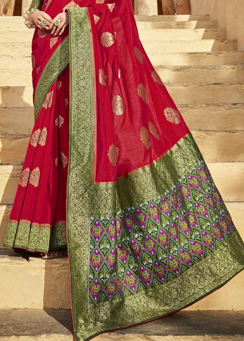 Chili Red Woven Banarasi Patola Silk Saree with Embroidered Blouse